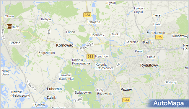 mapa Rzuchów gmina Kornowac, Rzuchów gmina Kornowac na mapie Targeo