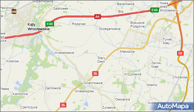 mapa Stary Dwór gmina Kąty Wrocławskie, Stary Dwór gmina Kąty Wrocławskie na mapie Targeo