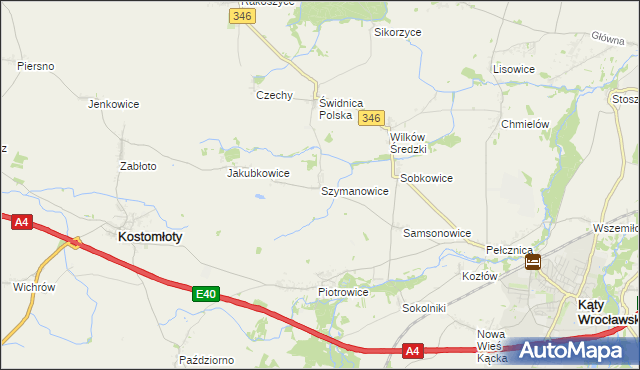 mapa Szymanowice gmina Kostomłoty, Szymanowice gmina Kostomłoty na mapie Targeo