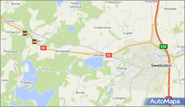 mapa Wilkowo gmina Świebodzin, Wilkowo gmina Świebodzin na mapie Targeo