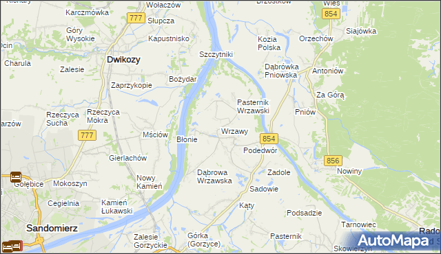 mapa Wrzawy gmina Gorzyce, Wrzawy gmina Gorzyce na mapie Targeo