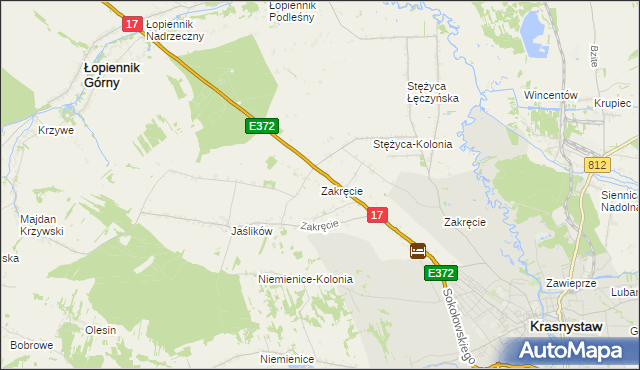 mapa Zakręcie gmina Krasnystaw, Zakręcie gmina Krasnystaw na mapie Targeo