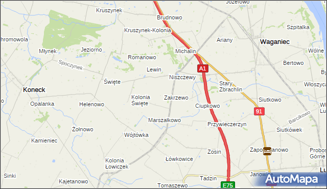 mapa Zakrzewo gmina Waganiec, Zakrzewo gmina Waganiec na mapie Targeo