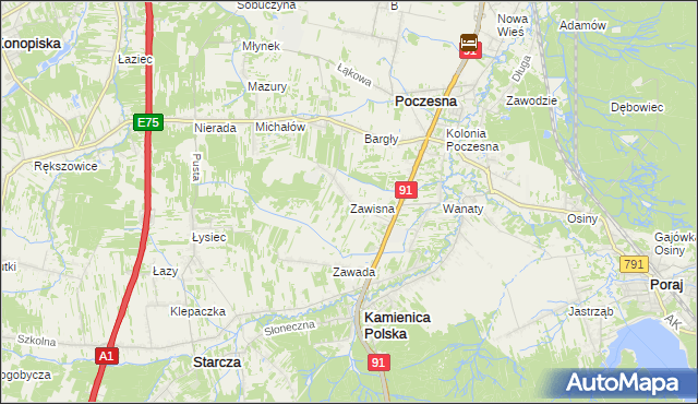 mapa Zawisna gmina Kamienica Polska, Zawisna gmina Kamienica Polska na mapie Targeo