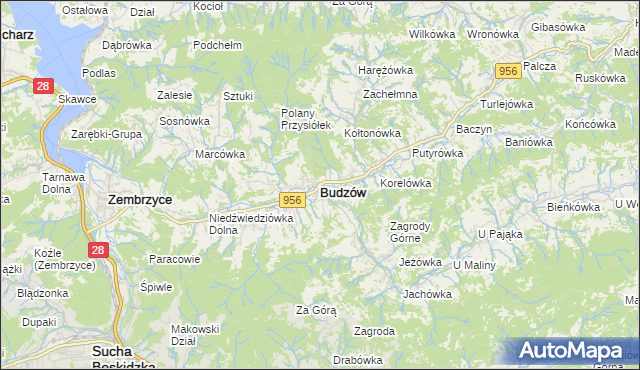 mapa Budzów powiat suski, Budzów powiat suski na mapie Targeo