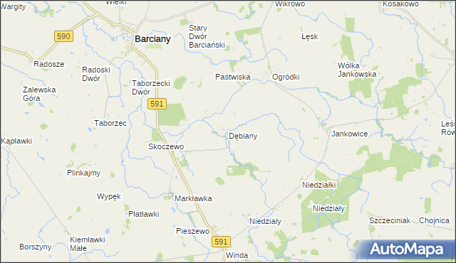 mapa Dębiany gmina Barciany, Dębiany gmina Barciany na mapie Targeo