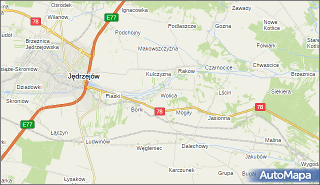 mapa Wolica gmina Jędrzejów, Wolica gmina Jędrzejów na mapie Targeo
