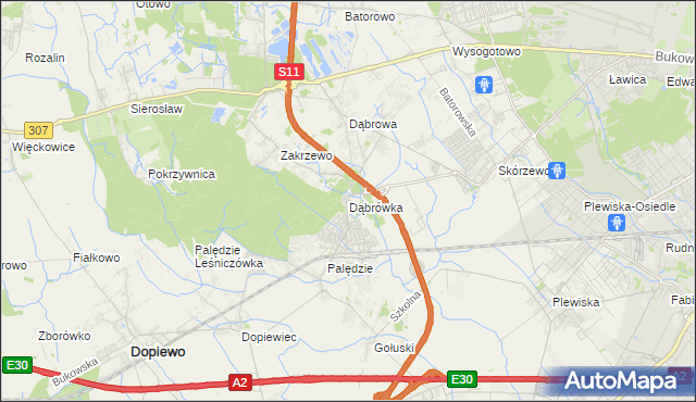 mapa Dąbrówka gmina Dopiewo, Dąbrówka gmina Dopiewo na mapie Targeo