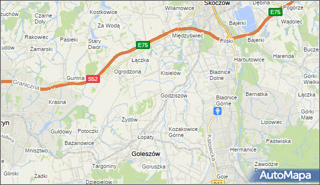 mapa Godziszów gmina Goleszów, Godziszów gmina Goleszów na mapie Targeo