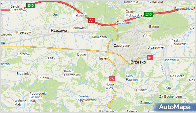 mapa Jasień gmina Brzesko, Jasień gmina Brzesko na mapie Targeo