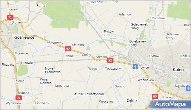 mapa Krzesin gmina Kutno, Krzesin gmina Kutno na mapie Targeo
