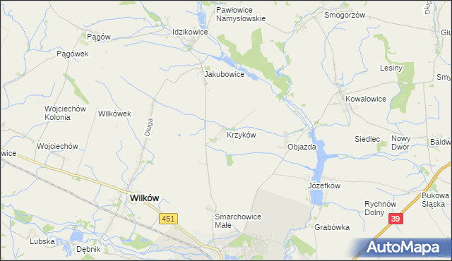 mapa Krzyków gmina Wilków, Krzyków gmina Wilków na mapie Targeo