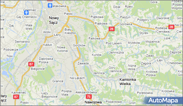 mapa Kunów gmina Chełmiec, Kunów gmina Chełmiec na mapie Targeo