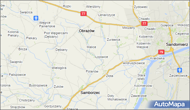 mapa Łojowice gmina Samborzec, Łojowice gmina Samborzec na mapie Targeo