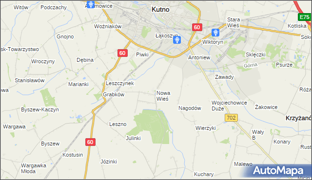 mapa Nowa Wieś gmina Kutno, Nowa Wieś gmina Kutno na mapie Targeo
