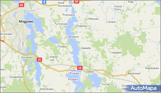 mapa Zawada gmina Mrągowo, Zawada gmina Mrągowo na mapie Targeo