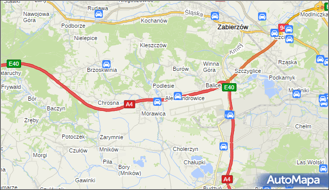 mapa Aleksandrowice gmina Zabierzów, Aleksandrowice gmina Zabierzów na mapie Targeo