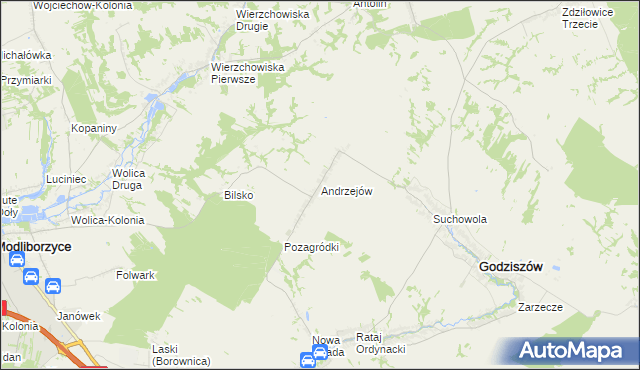 mapa Andrzejów gmina Godziszów, Andrzejów gmina Godziszów na mapie Targeo