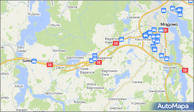 mapa Bagienice gmina Mrągowo, Bagienice gmina Mrągowo na mapie Targeo