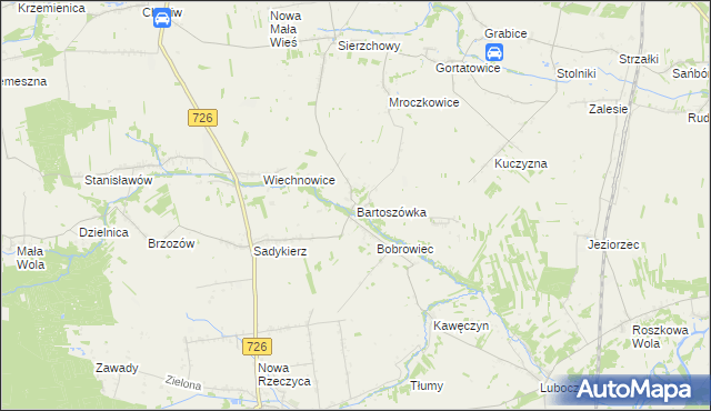 mapa Bartoszówka gmina Rzeczyca, Bartoszówka gmina Rzeczyca na mapie Targeo