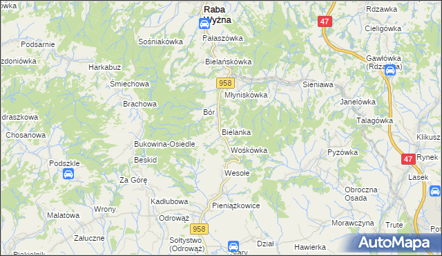 mapa Bielanka gmina Raba Wyżna, Bielanka gmina Raba Wyżna na mapie Targeo