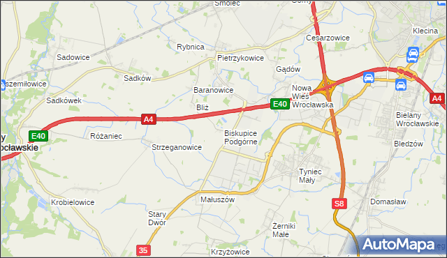 mapa Biskupice Podgórne, Biskupice Podgórne na mapie Targeo