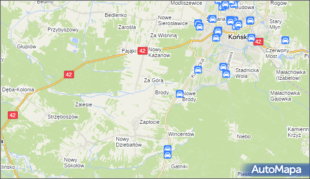 mapa Brody gmina Końskie, Brody gmina Końskie na mapie Targeo