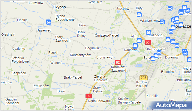 mapa Bronisławy gmina Rybno, Bronisławy gmina Rybno na mapie Targeo
