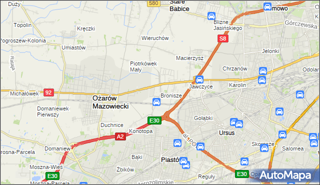 mapa Bronisze gmina Ożarów Mazowiecki, Bronisze gmina Ożarów Mazowiecki na mapie Targeo