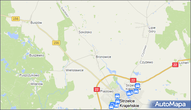 mapa Bronowice gmina Strzelce Krajeńskie, Bronowice gmina Strzelce Krajeńskie na mapie Targeo