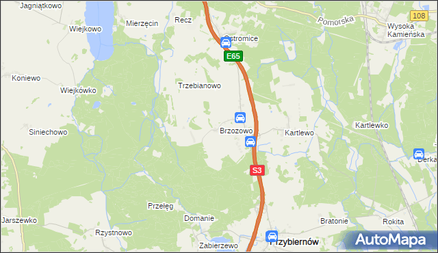 mapa Brzozowo gmina Przybiernów, Brzozowo gmina Przybiernów na mapie Targeo