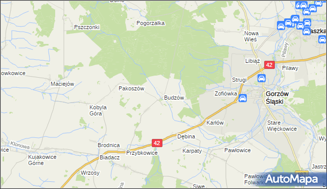 mapa Budzów gmina Gorzów Śląski, Budzów gmina Gorzów Śląski na mapie Targeo