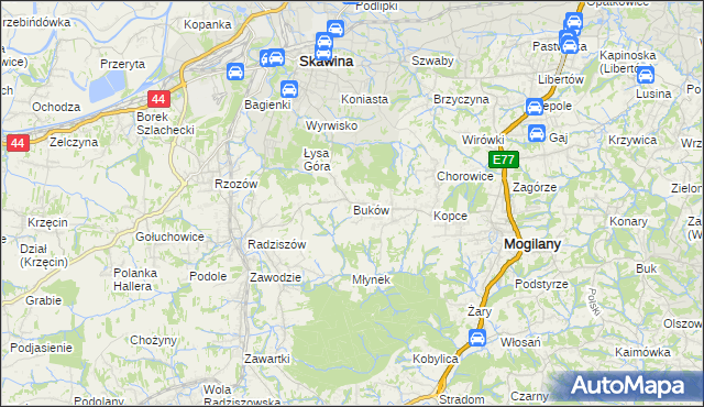 mapa Buków gmina Mogilany, Buków gmina Mogilany na mapie Targeo