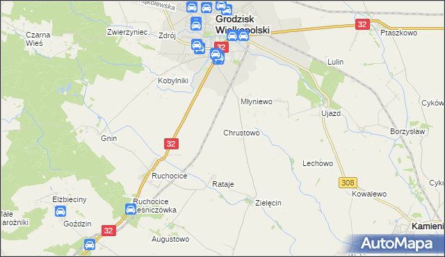 mapa Chrustowo gmina Grodzisk Wielkopolski, Chrustowo gmina Grodzisk Wielkopolski na mapie Targeo