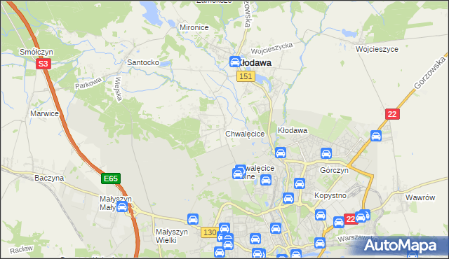 mapa Chwalęcice gmina Kłodawa, Chwalęcice gmina Kłodawa na mapie Targeo