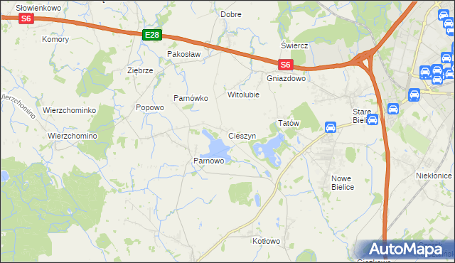 mapa Cieszyn gmina Biesiekierz, Cieszyn gmina Biesiekierz na mapie Targeo