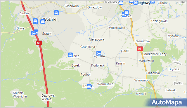 mapa Cynków gmina Koziegłowy, Cynków gmina Koziegłowy na mapie Targeo