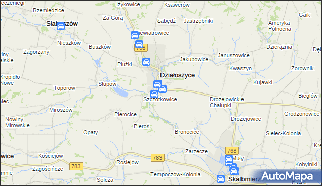 mapa Dziekanowice gmina Działoszyce, Dziekanowice gmina Działoszyce na mapie Targeo