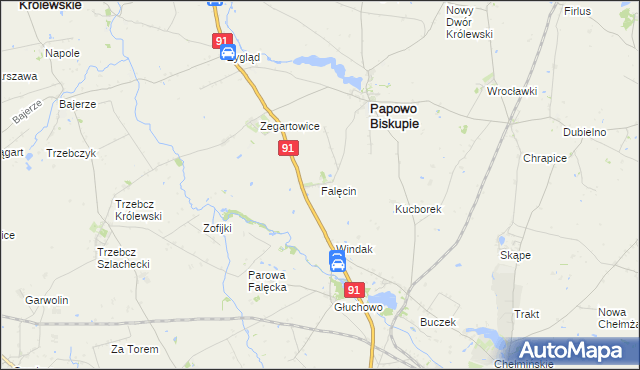 mapa Falęcin gmina Papowo Biskupie, Falęcin gmina Papowo Biskupie na mapie Targeo