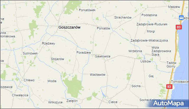 mapa Gawłowice gmina Goszczanów, Gawłowice gmina Goszczanów na mapie Targeo