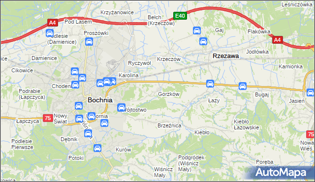 mapa Gorzków gmina Bochnia, Gorzków gmina Bochnia na mapie Targeo