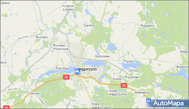 mapa Gościsław gmina Węgorzyno, Gościsław gmina Węgorzyno na mapie Targeo