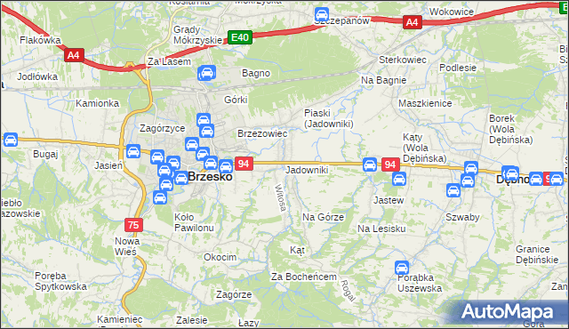 mapa Jadowniki gmina Brzesko, Jadowniki gmina Brzesko na mapie Targeo