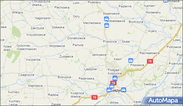 mapa Jankowice gmina Koszyce, Jankowice gmina Koszyce na mapie Targeo