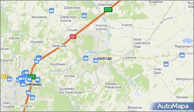 mapa Jastrząb powiat szydłowiecki, Jastrząb powiat szydłowiecki na mapie Targeo