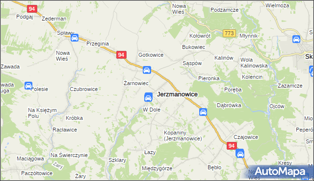 mapa Jerzmanowice gmina Jerzmanowice-Przeginia, Jerzmanowice gmina Jerzmanowice-Przeginia na mapie Targeo