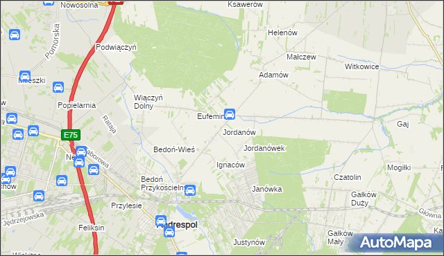 mapa Jordanów gmina Brzeziny, Jordanów gmina Brzeziny na mapie Targeo