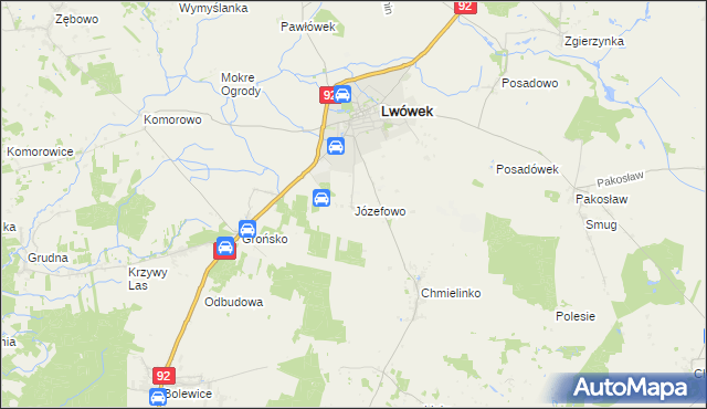 mapa Józefowo gmina Lwówek, Józefowo gmina Lwówek na mapie Targeo
