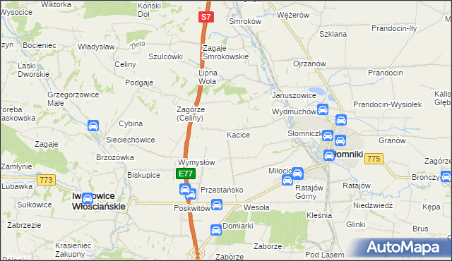 mapa Kacice gmina Słomniki, Kacice gmina Słomniki na mapie Targeo