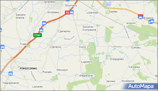 mapa Klony gmina Kostrzyn, Klony gmina Kostrzyn na mapie Targeo